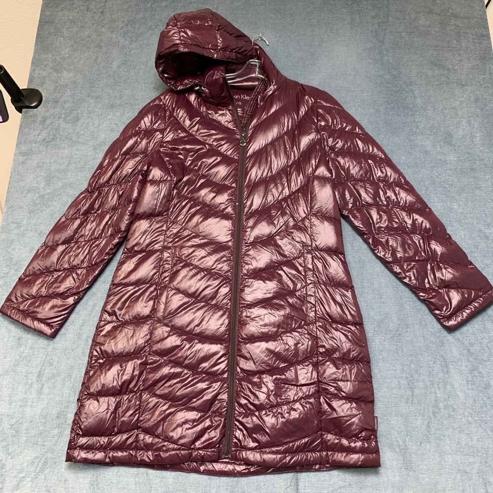 Calvin Klein Packable Down Parka Jacket Women Maroon Lightweight Hooded Full Zip